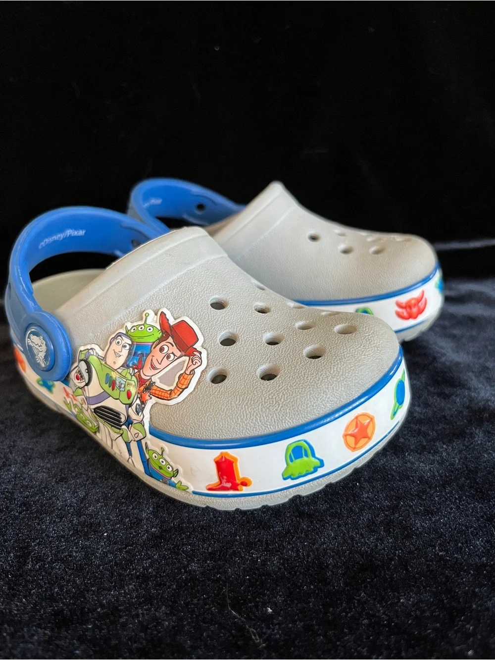 CROCS Kids Light Gray and Blue Toy Story Character Clog Sandals